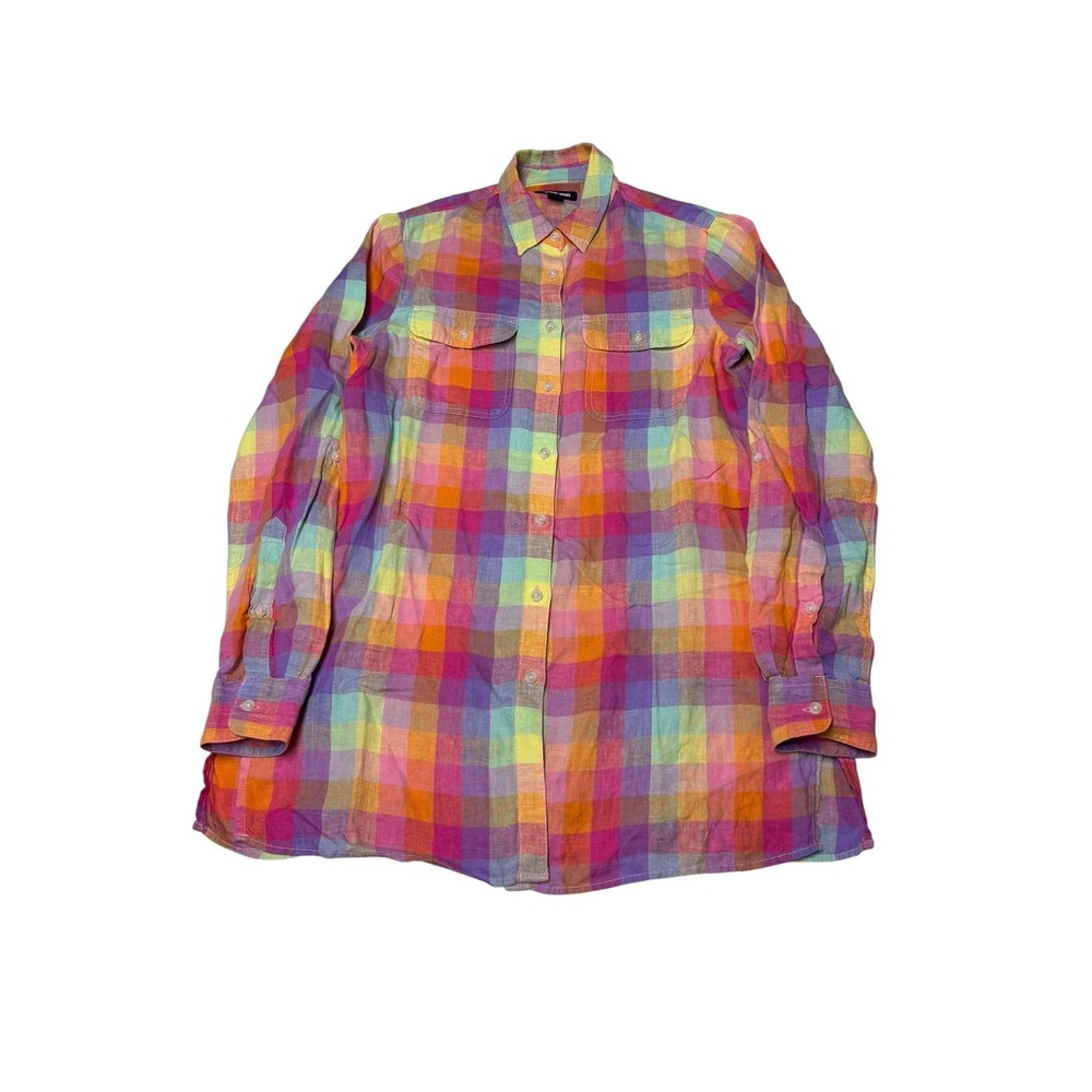 Lands' End Womens Rainbow Plaid 100% Linen Button Down Shirt‎ Tunic Size S/T 6-8